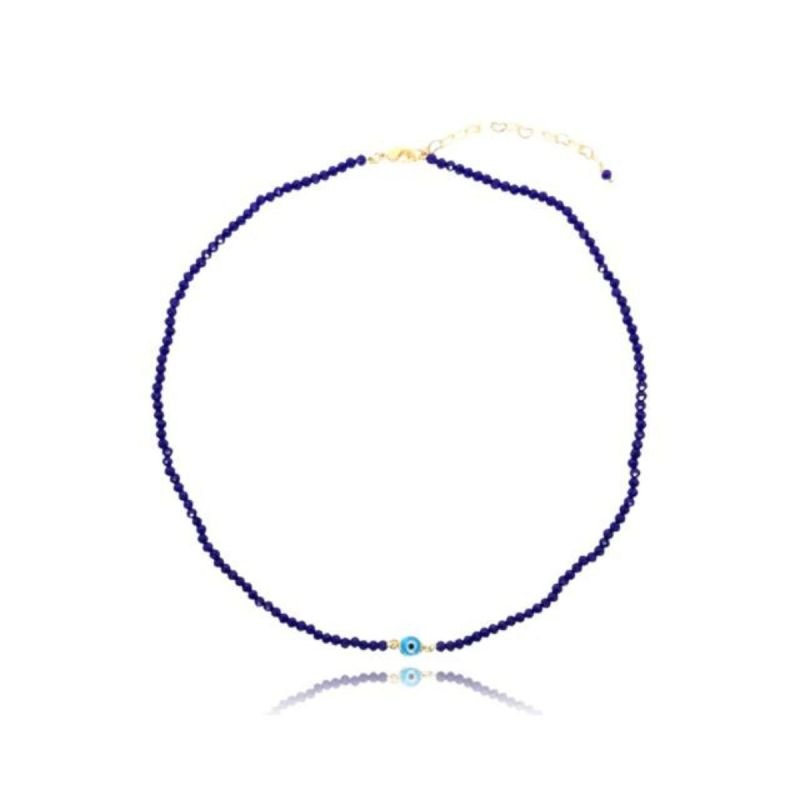 Colar de Jade Azul com Olho Grego Banhado a Ouro 18k