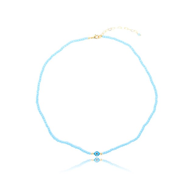 Colar de Jade Azul com Olho Grego Banhado a Ouro 18k