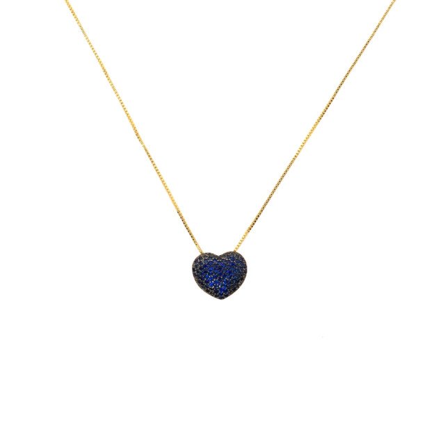 Colar de Coração Cravejado Azul Banhado a Ouro 18k
