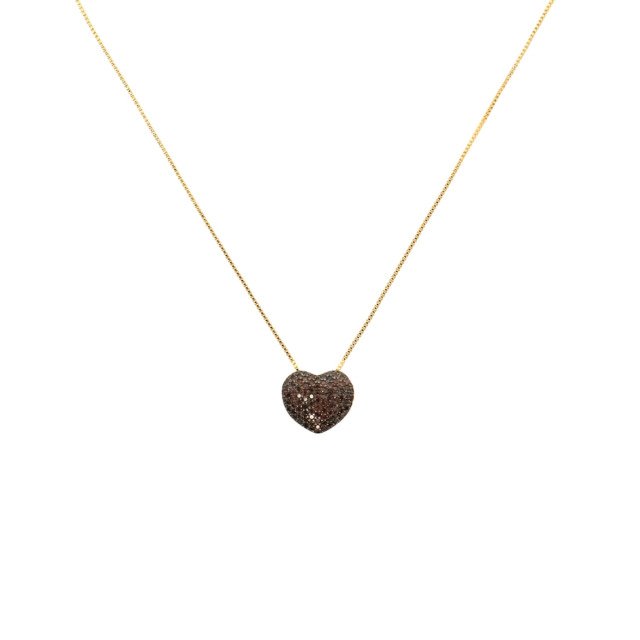 Colar de Coração Cravejado Marrom Banhado a Ouro 18k