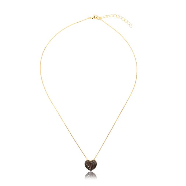 Colar de Coração Cravejado Marrom Banhado a Ouro 18k