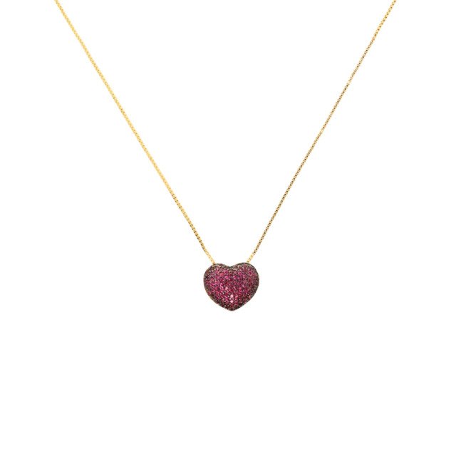 Colar de Coração Cravejado Pink Banhado a Ouro 18k