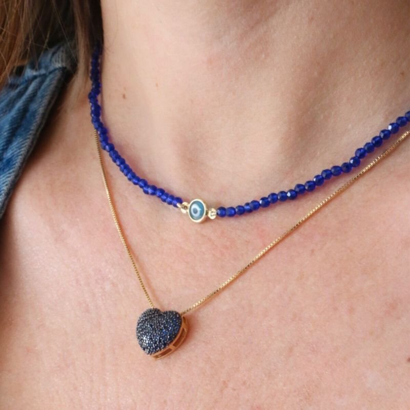 Colar de Jade Azul com Olho Grego Banhado a Ouro 18k