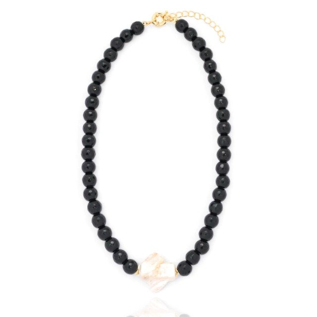 Colar de Jade Preta com Pedra Ágata Banhado a Ouro 18k