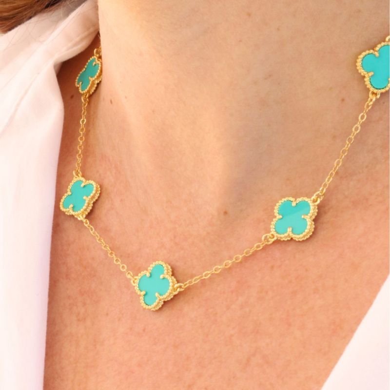 Colar de Trevo Turquesa Banhado a Ouro 18k
