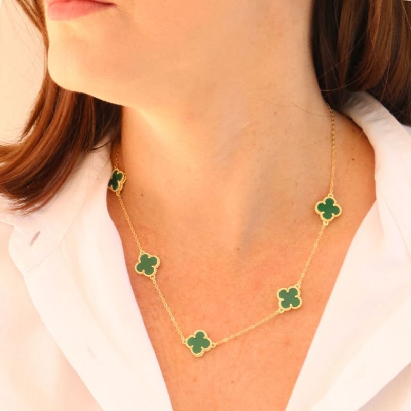 Colar de Trevo Verde Banhado a Ouro 18k