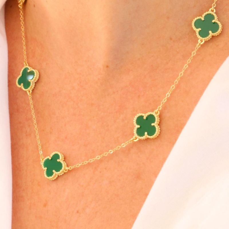 Colar de Trevo Verde Banhado a Ouro 18k