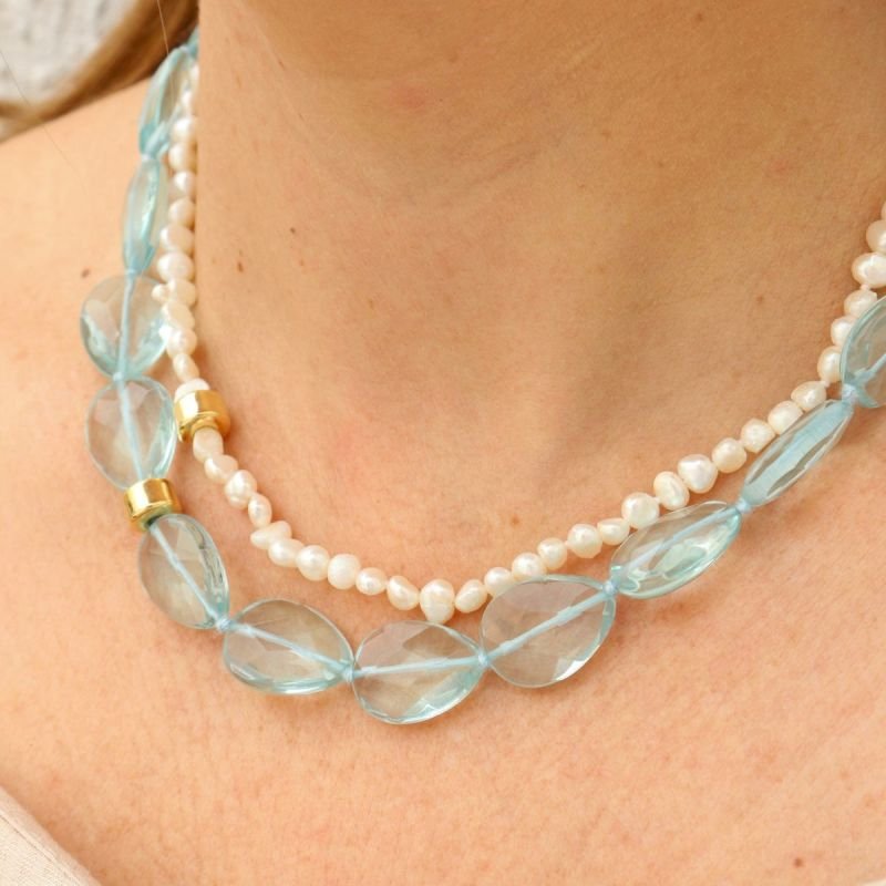 Colar Duplo com Pérola e Gota Cristal Azul Banhado a Ouro 18k