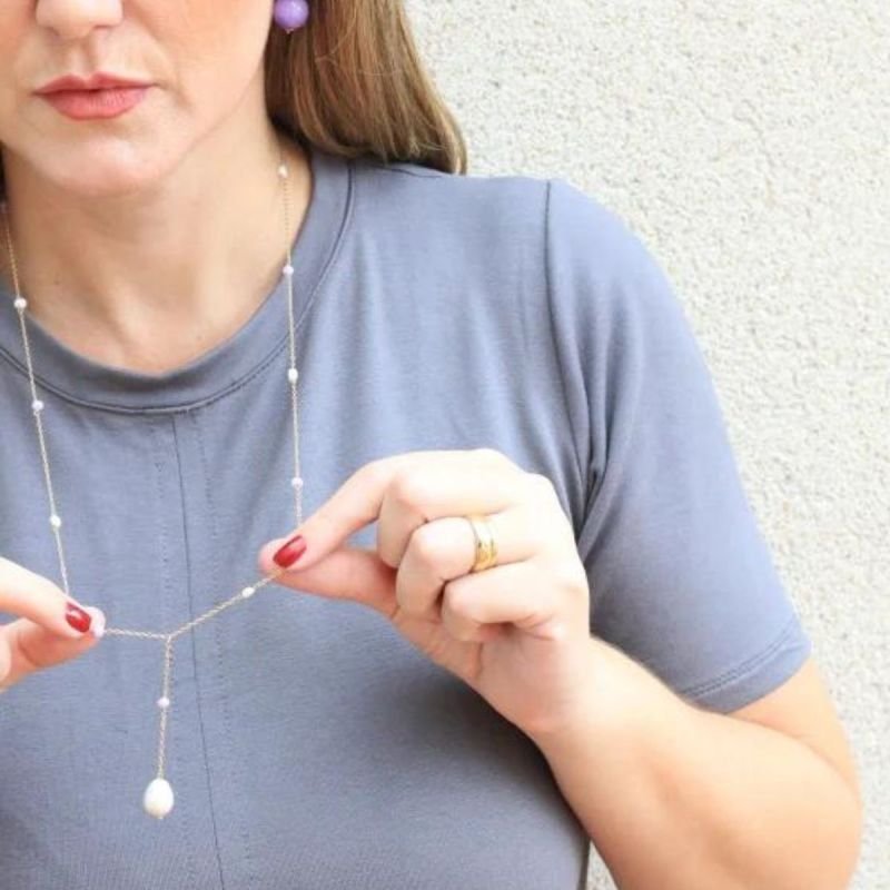 Colar Gravata com Jade e Pérola Banhado a Ouro 18k