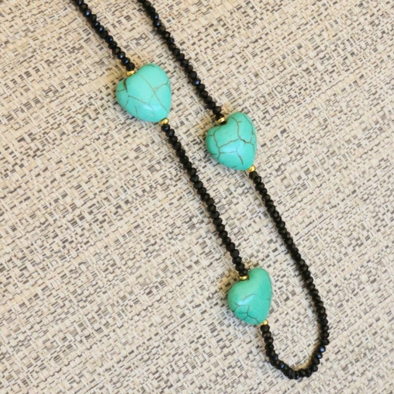 Colar Longo de Disco com Pedra Turquesa Banhado a Ouro 18k