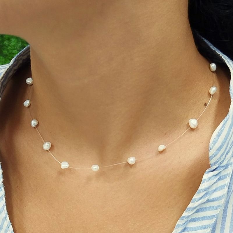 Colar Nylon com Pérola Batata Banhado a Ouro 18k