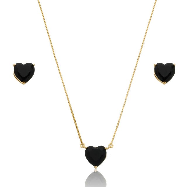 Conjunto Coração de Cristal Preto Banhado a Ouro 18k