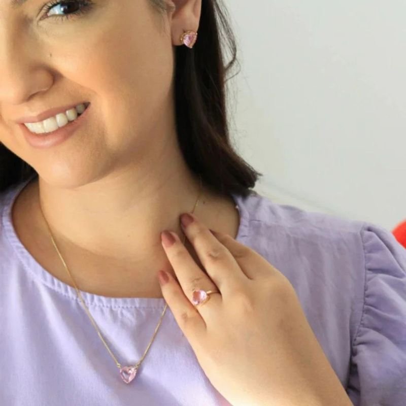 Conjunto Coração de Cristal Rosa Banhado a Ouro 18k