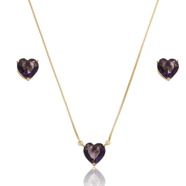 Conjunto Coração de Cristal Roxo Banhado a Ouro 18k
