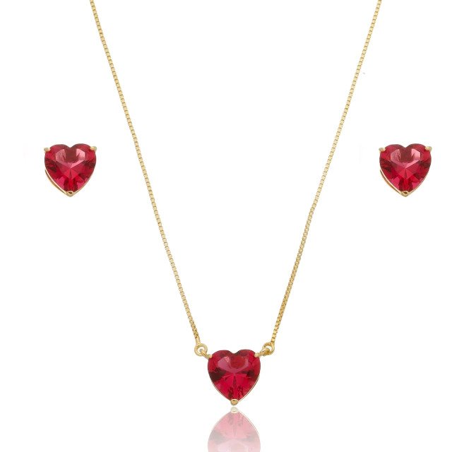 Conjunto Coração de Cristal Vermelho Banhado a Ouro 18k