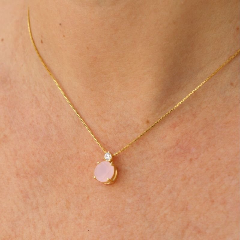 Conjunto de Cristal Rosa Banhado a Ouro 18k