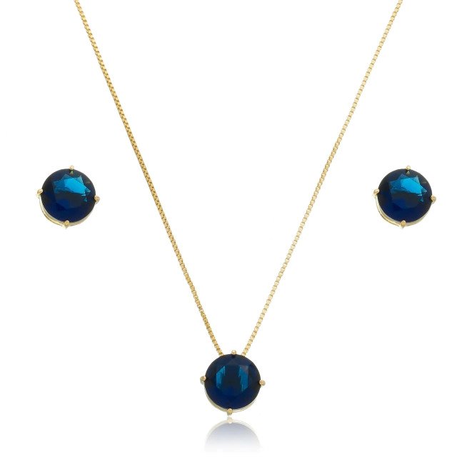 Conjunto Ponto de Luz Azul Marinho Banhado a Ouro 18k