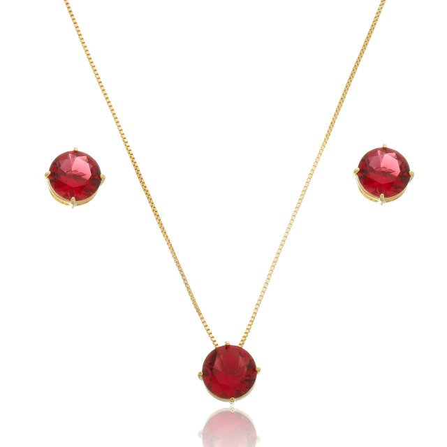Conjunto Ponto de Luz Rubi Banhado a Ouro 18k
