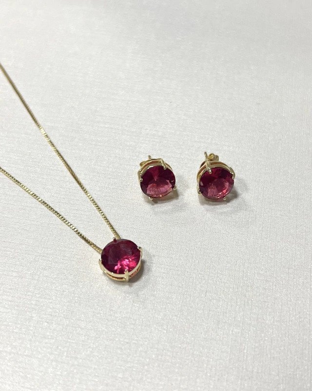 Conjunto Ponto de Luz Rubi Banhado a Ouro 18k