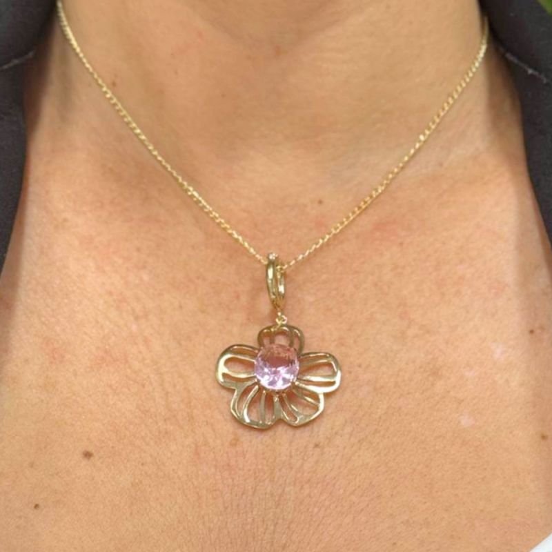 Pingente de Flor Vasada com Cristal Banhado a Ouro 18k