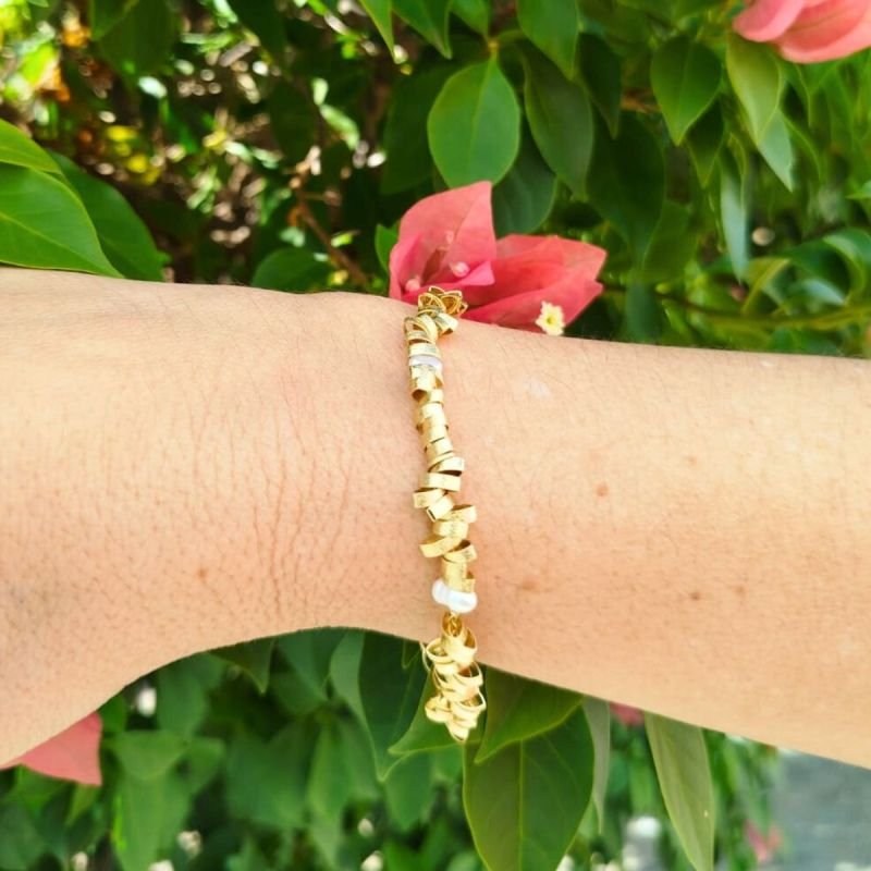 Pulseira de Canutilho com Pérola Banhado a Ouro 18k
