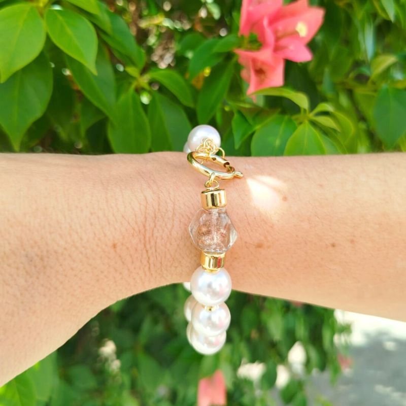 Pulseira de Pérola com Cristal Banhado a Ouro 18k